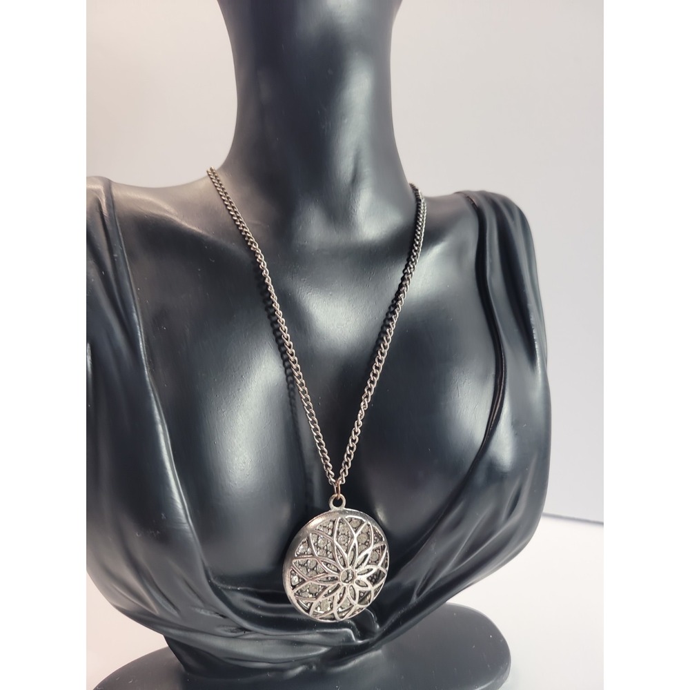 Silver Tone Floral Pendant Necklace Clear Stones Openwork Flower Reversible